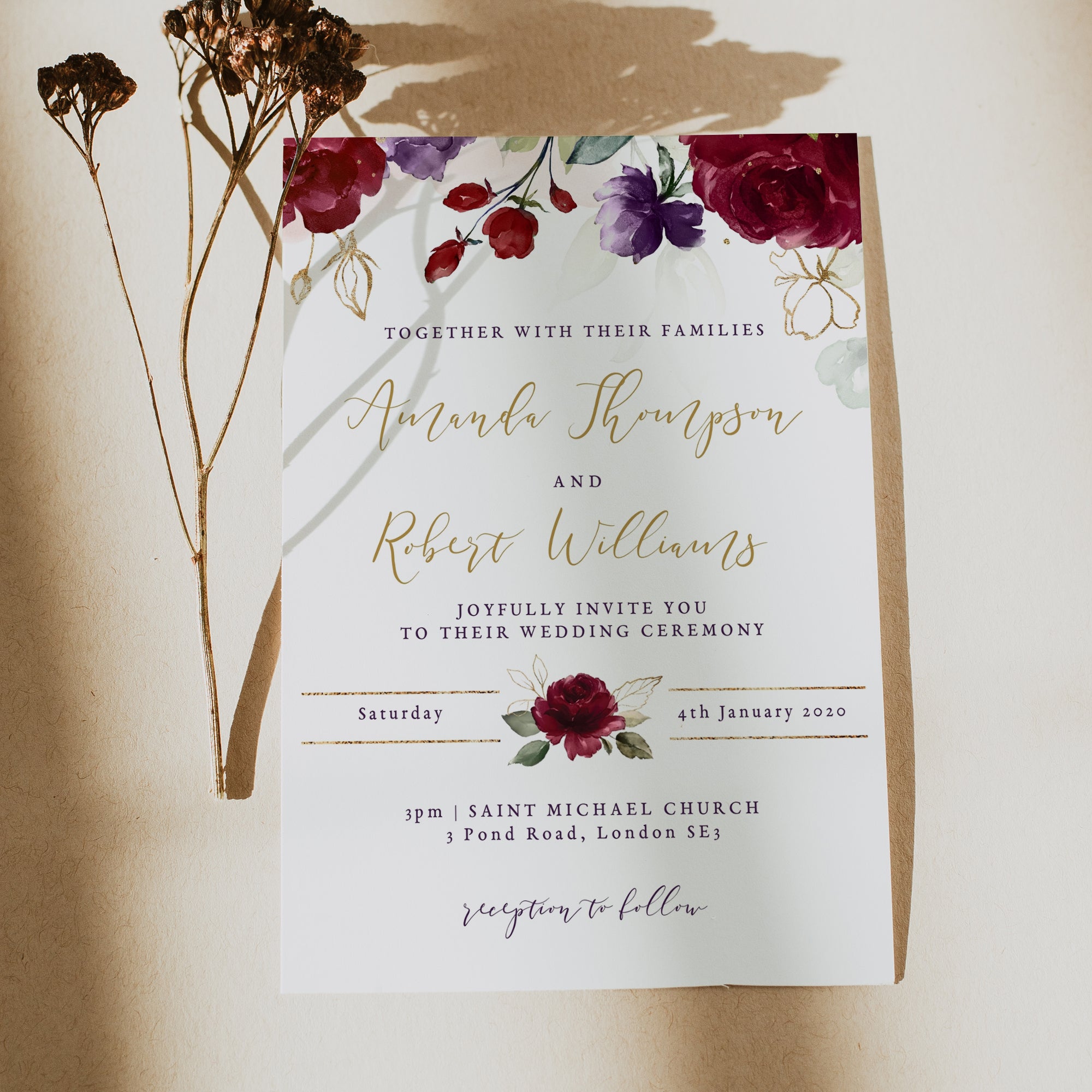 Rossella  Burgundy Wedding Invitation Printable