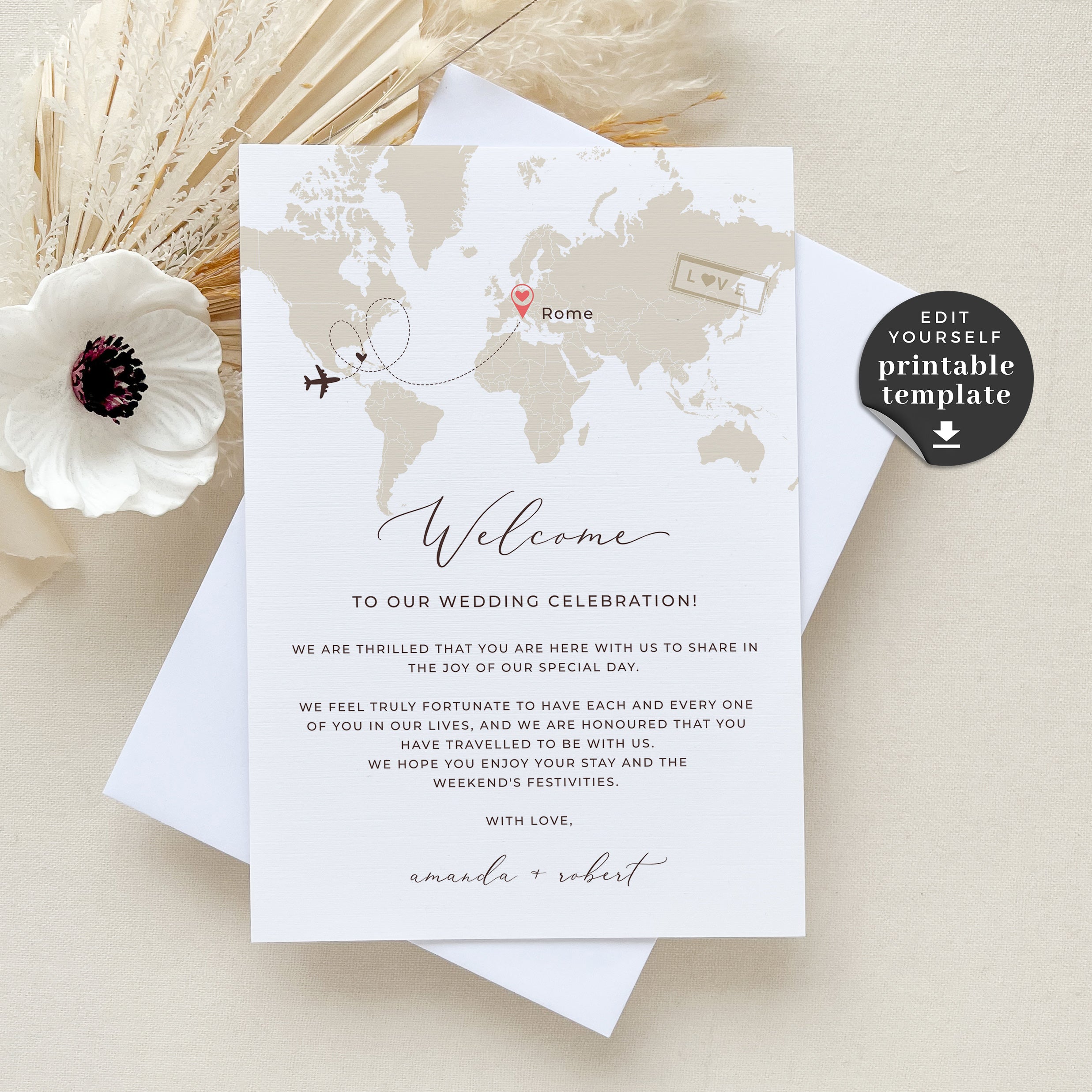 EDITABLE COLOR Wedding Welcome Letter Itinerary Thank You Card