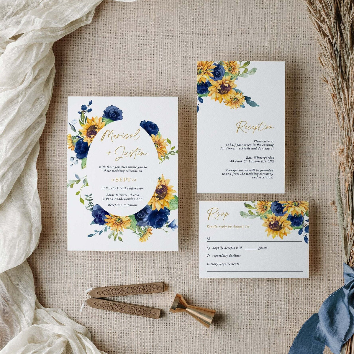 IVY Navy Blue Yellow Wedding Invitations Suite Template