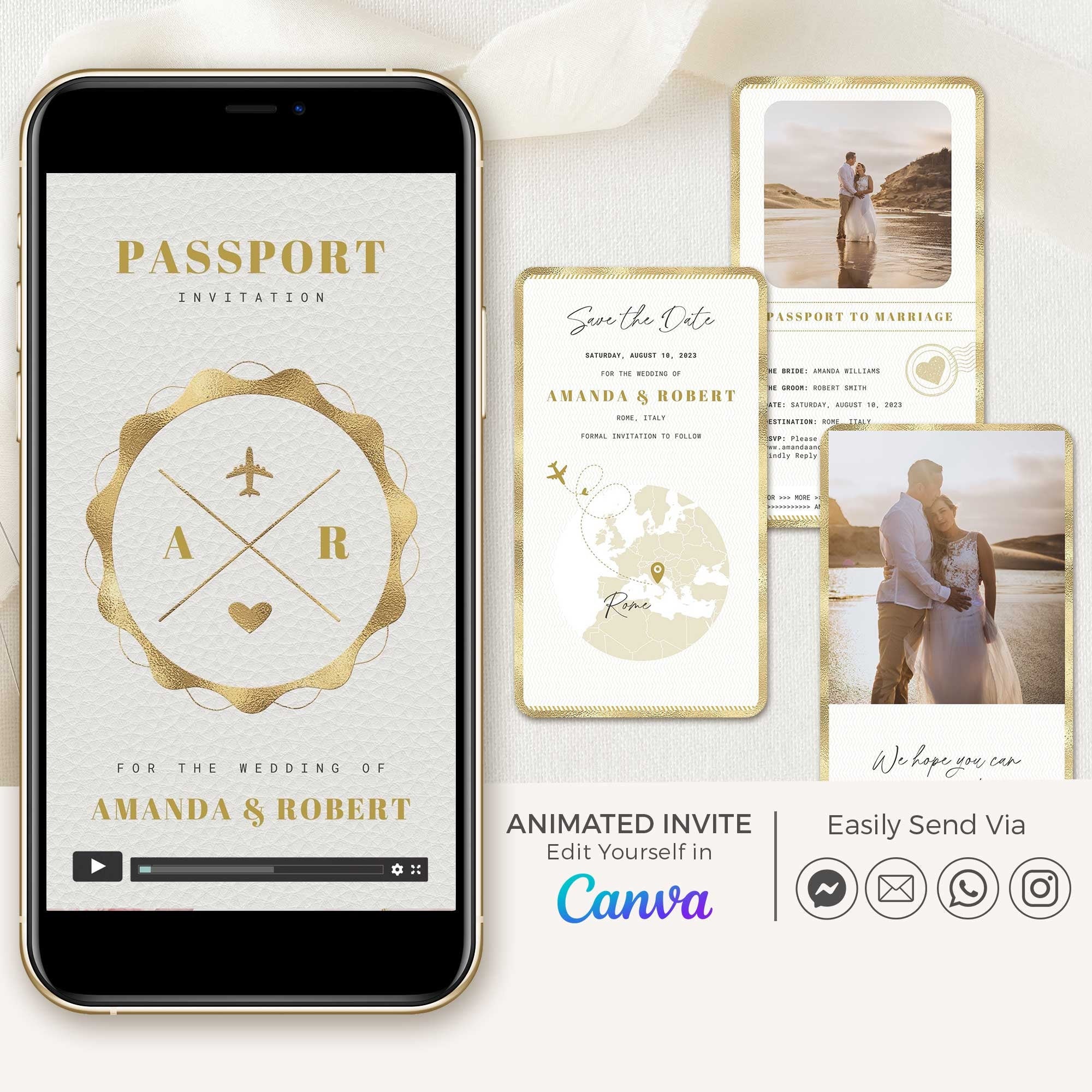 White & Gold Passport Save The Date Video Template