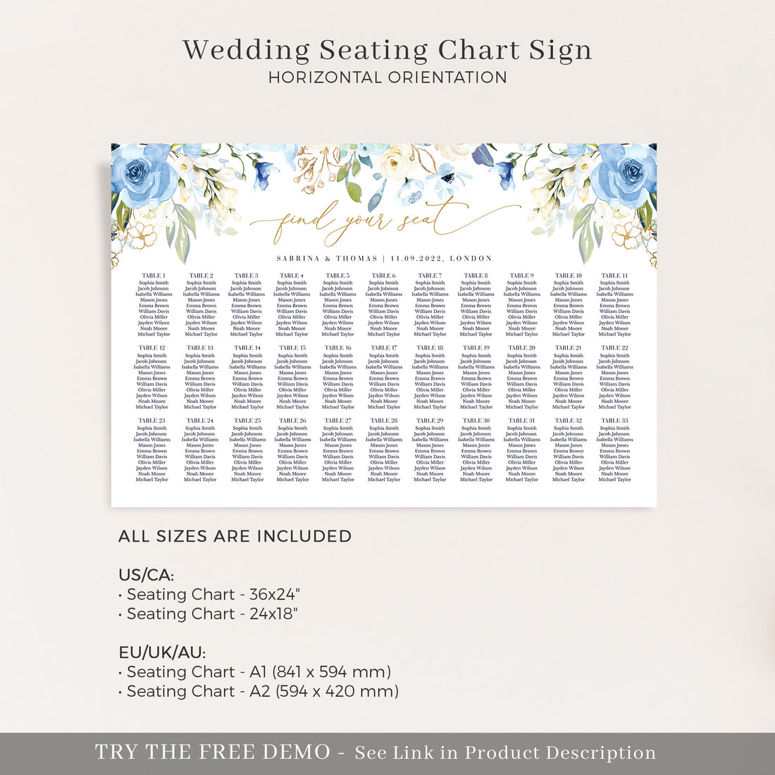 AZZURRA Printable Seating Chart Template
