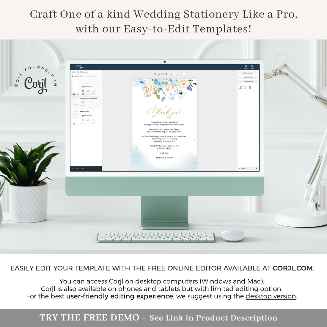 AZZURRA Printable Wedding Thank You Cards