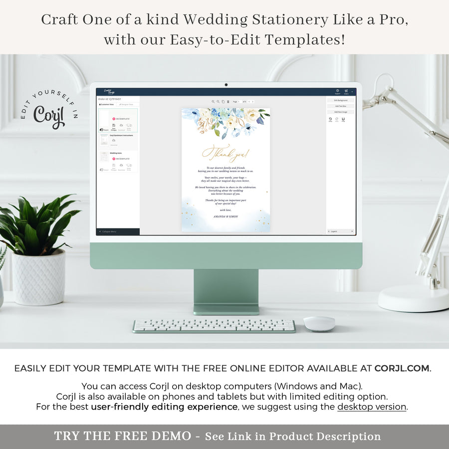 AZZURRA Printable Wedding Thank You Cards