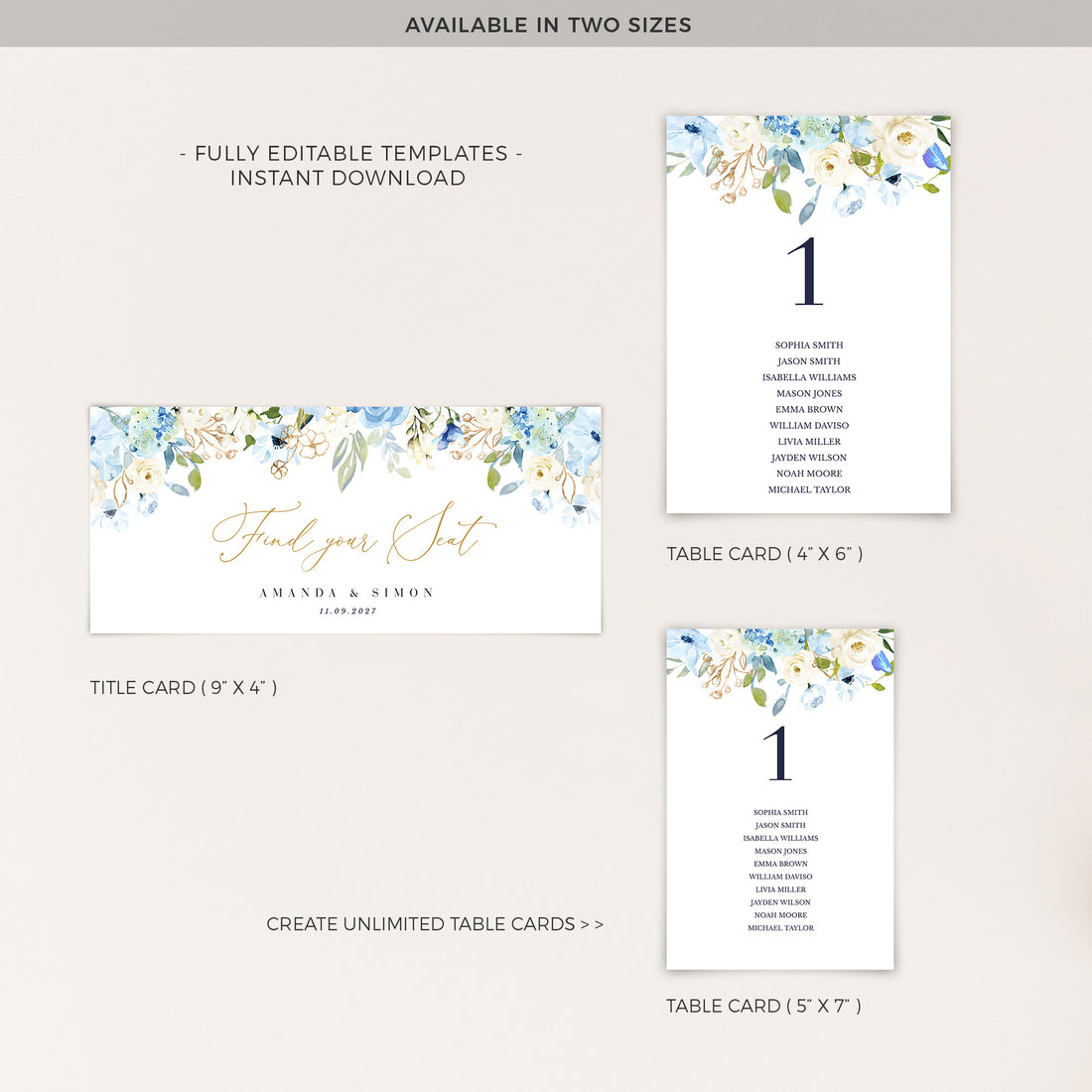 AZZURRA wedding Seating Cards Template