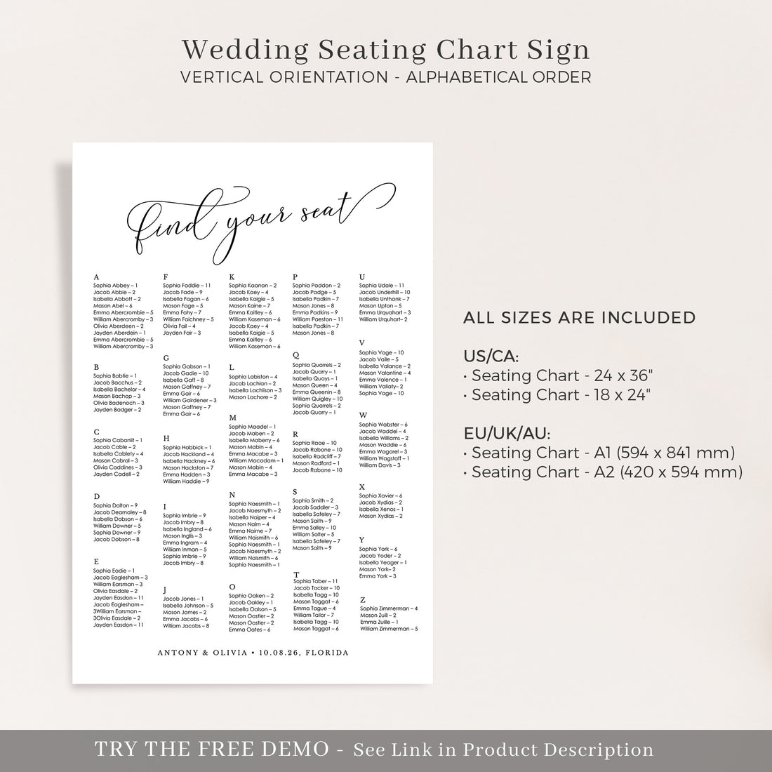 ELLA Printable Wedding Seating Chart Alphabetical