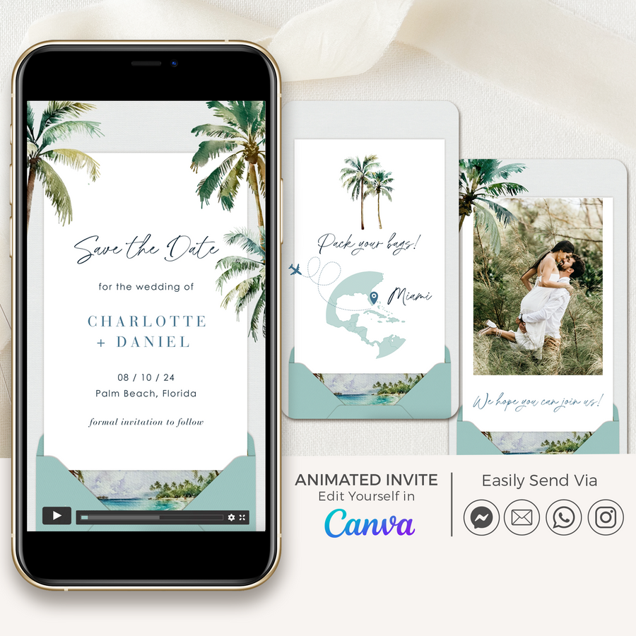 Palm Tree Boarding Pass Save the Date Video Template