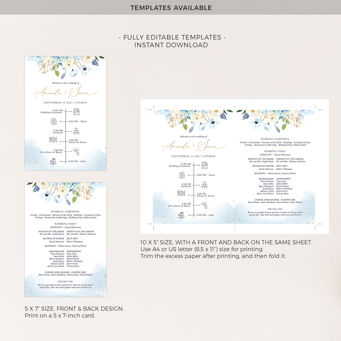 AZZURRA Wedding Ceremony Program Fans Template