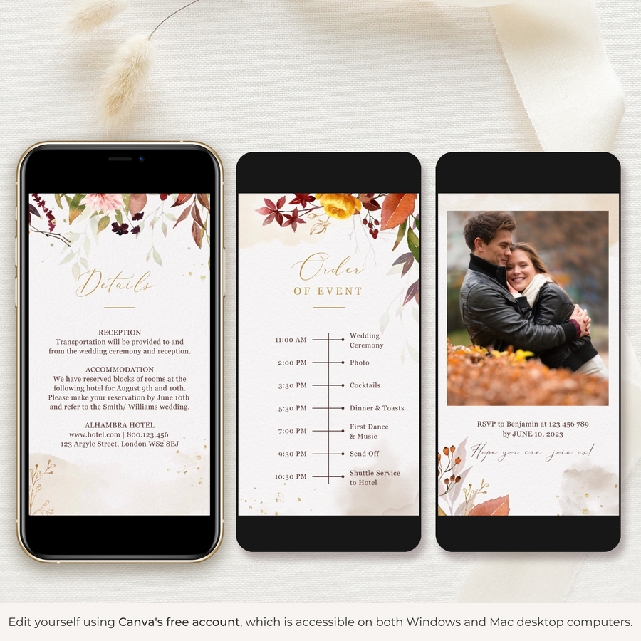 three cell phones with a wedding program on them