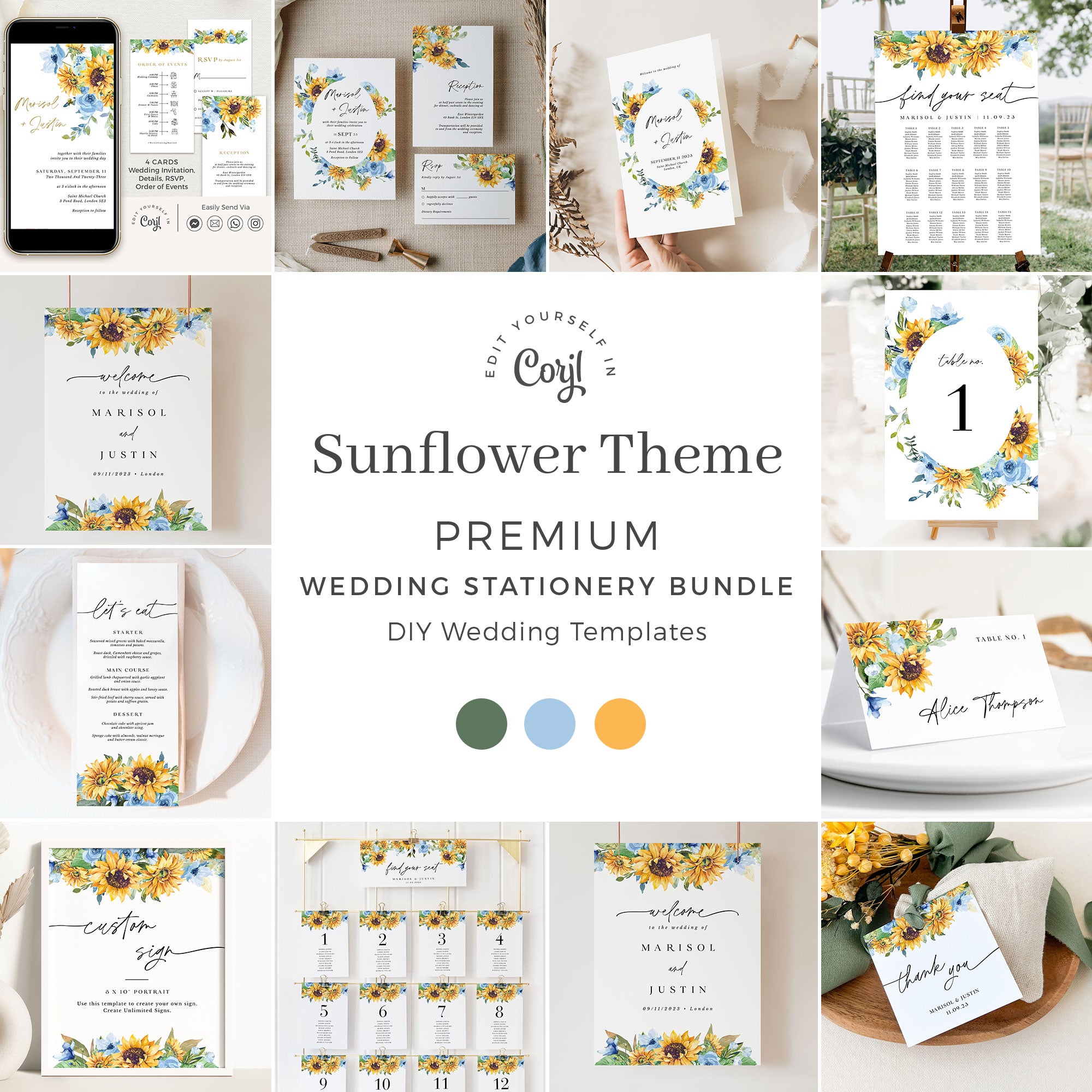 IVY Sunflower and Rose Wedding Stationery Template Bundle