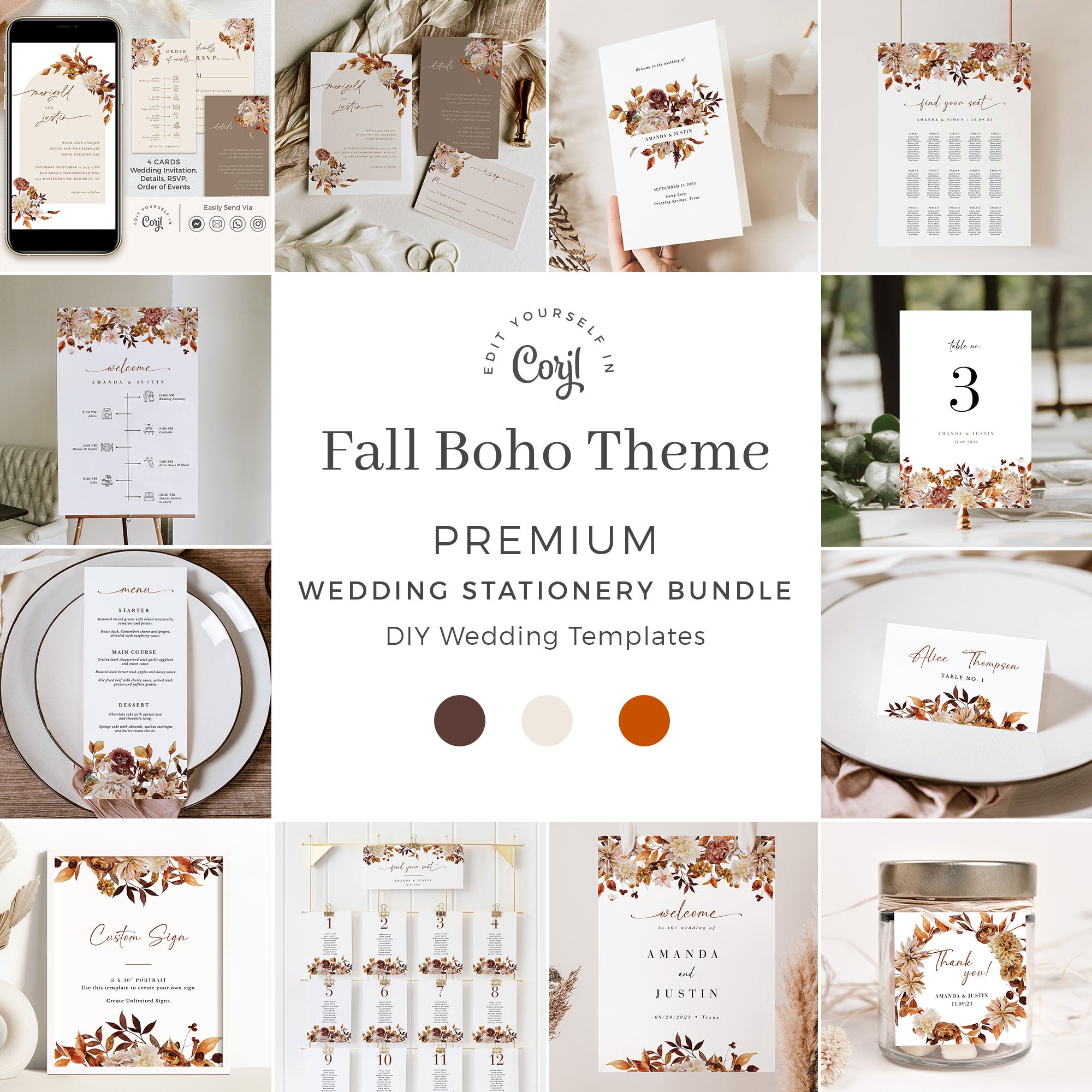 MARIGOLD Boho Fall Wedding Invitation Bundle Template