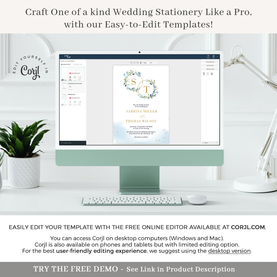 AZZURRA Dusty Blue Wedding Invitation Card Template