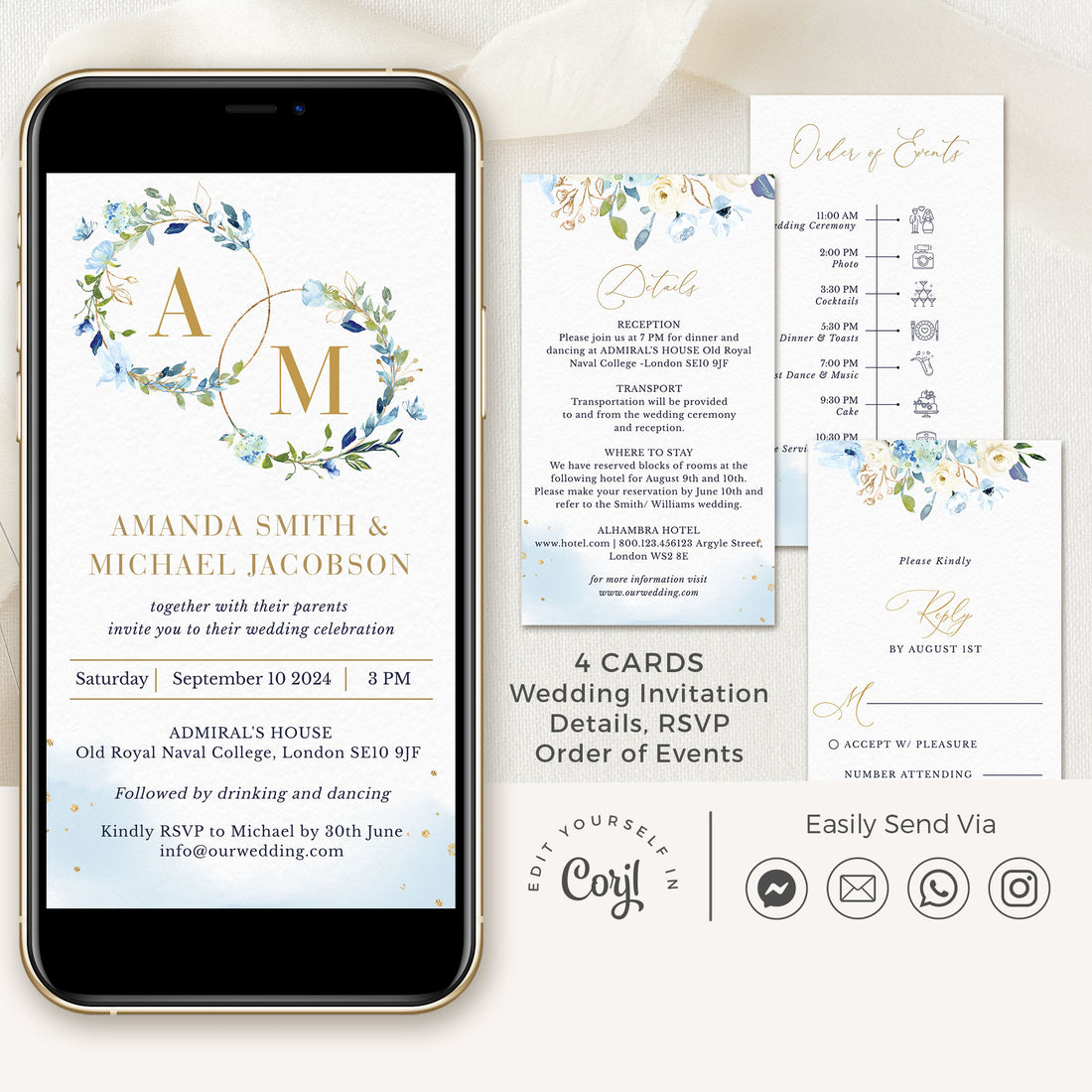 Azzurra | Dusty Blue Electronic Wedding Invitation