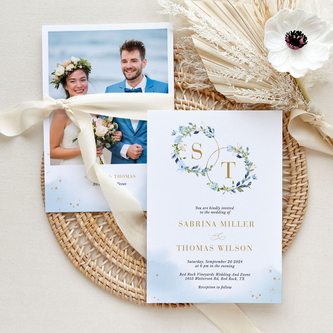 AZZURRA Dusty Blue Wedding Invitation Card Template