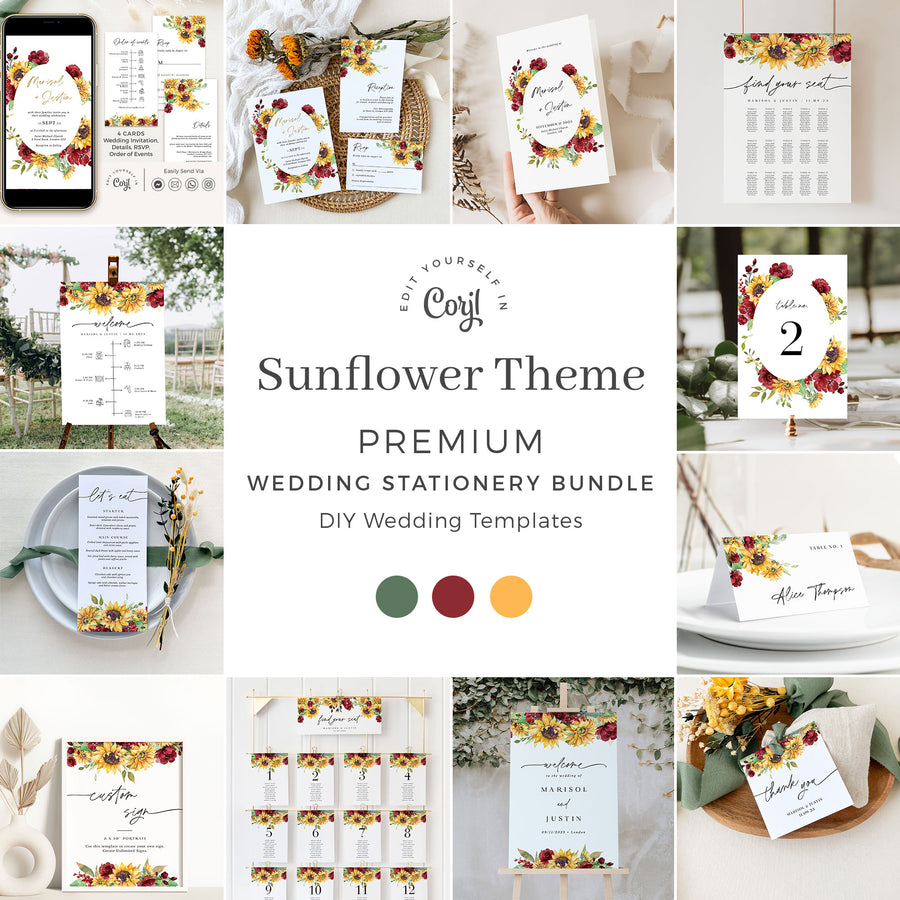 RUBY Printable Sunflower Wedding Invitation Template Bundle