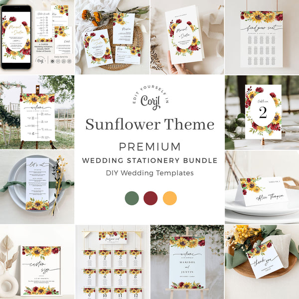 RUBY Printable Sunflower Wedding Invitation Template Bundle – Creative Things Studio for Free Printable Wedding Stationery Templates