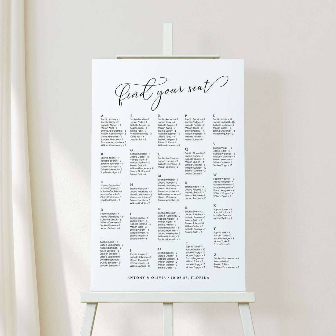 ELLA Printable Wedding Seating Chart Alphabetical