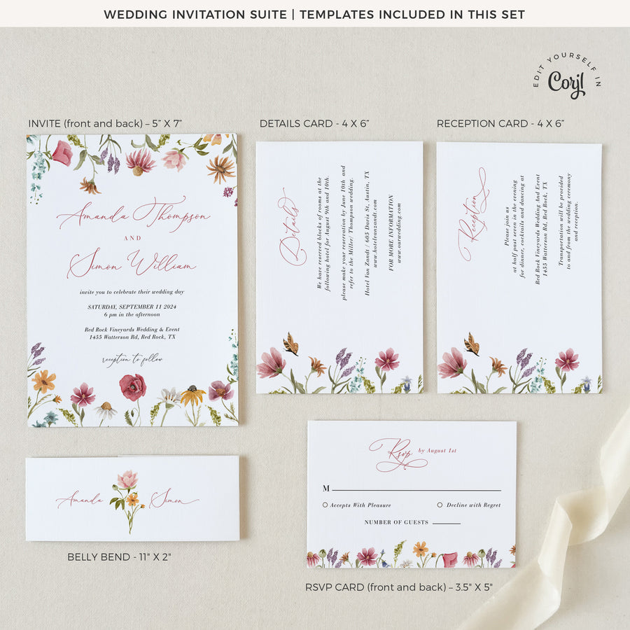 APRIL Watercolor Flower Wedding Invitation Suite Template