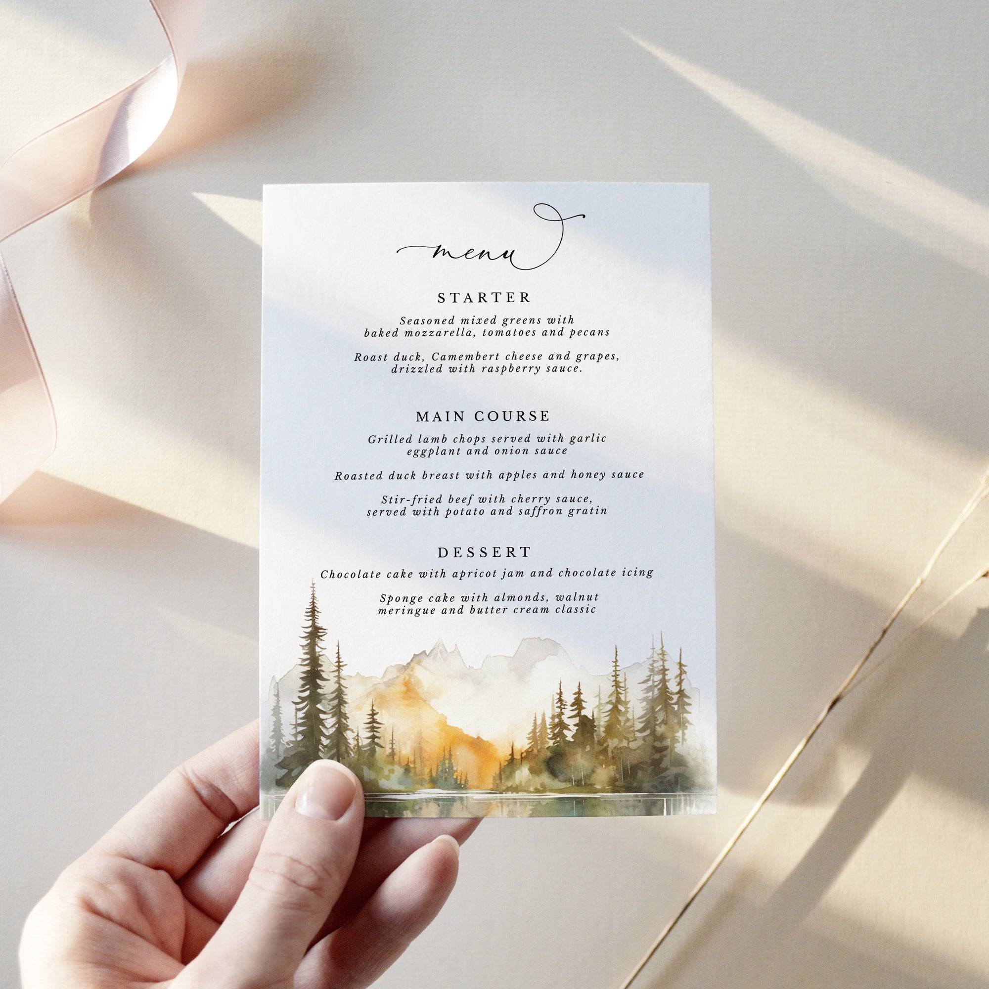 ARNA Fall Mountain Wedding Table Menu Cards
