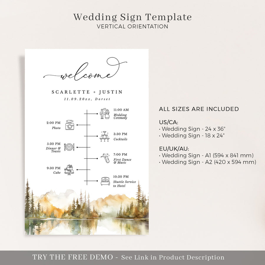 ARNA Fall Mountain Wedding Order of Event Sign Printable