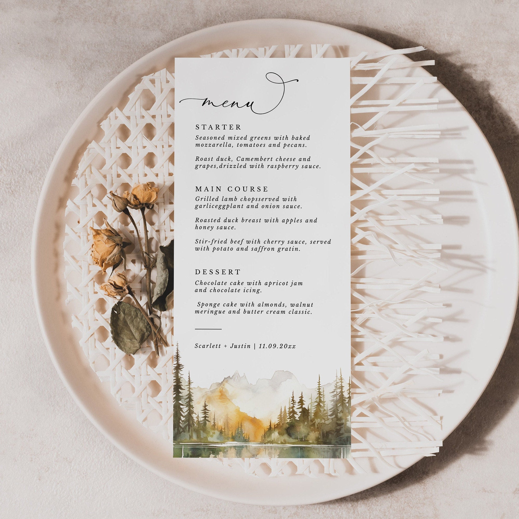 ARNA Fall Mountain Wedding Table Menu Cards