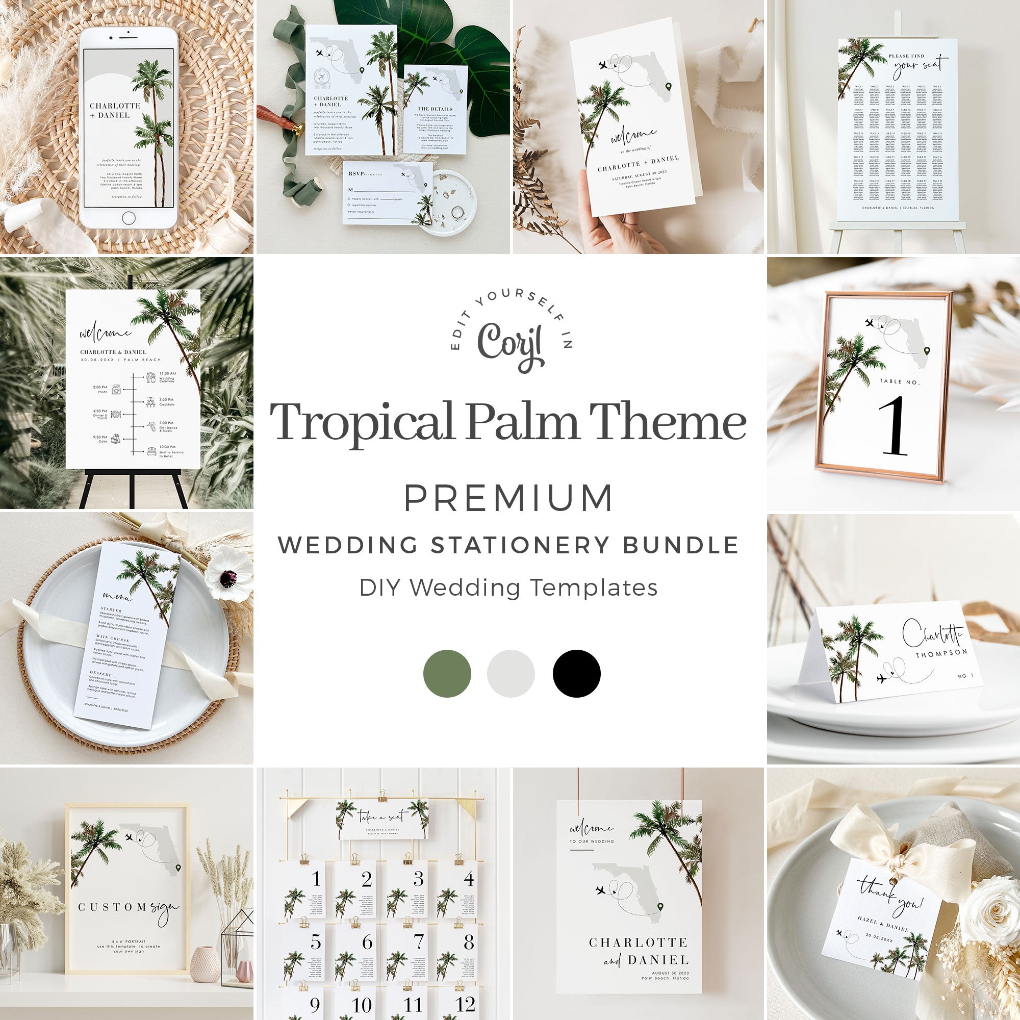KONA Tropical Palm Tree Wedding Stationery Template Bundle