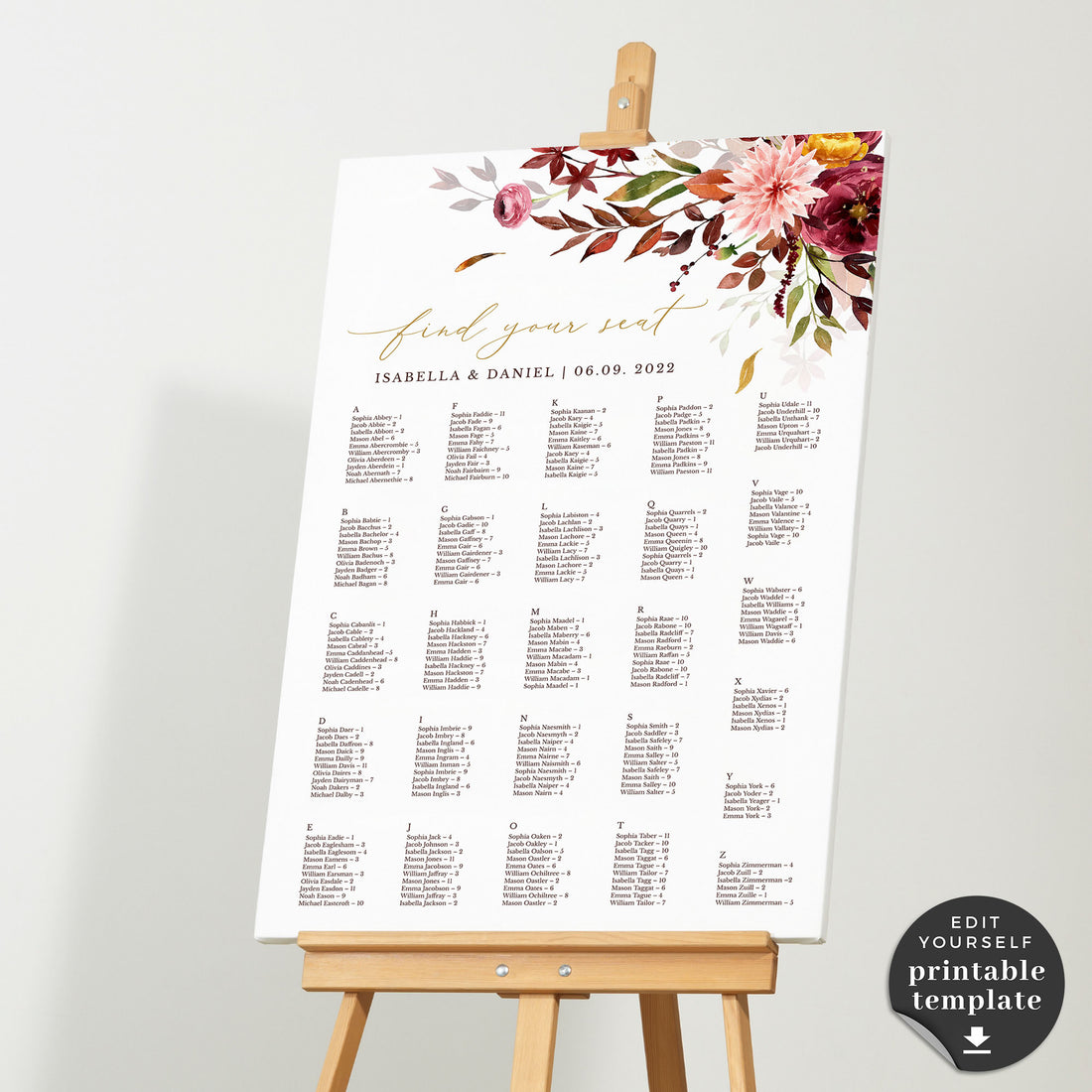 Ambra | Printable Autumn Wedding Seating Plan Template