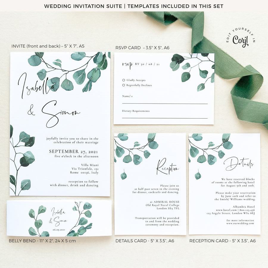 Luisa | Eucalyptus Wedding Invitation Set Template