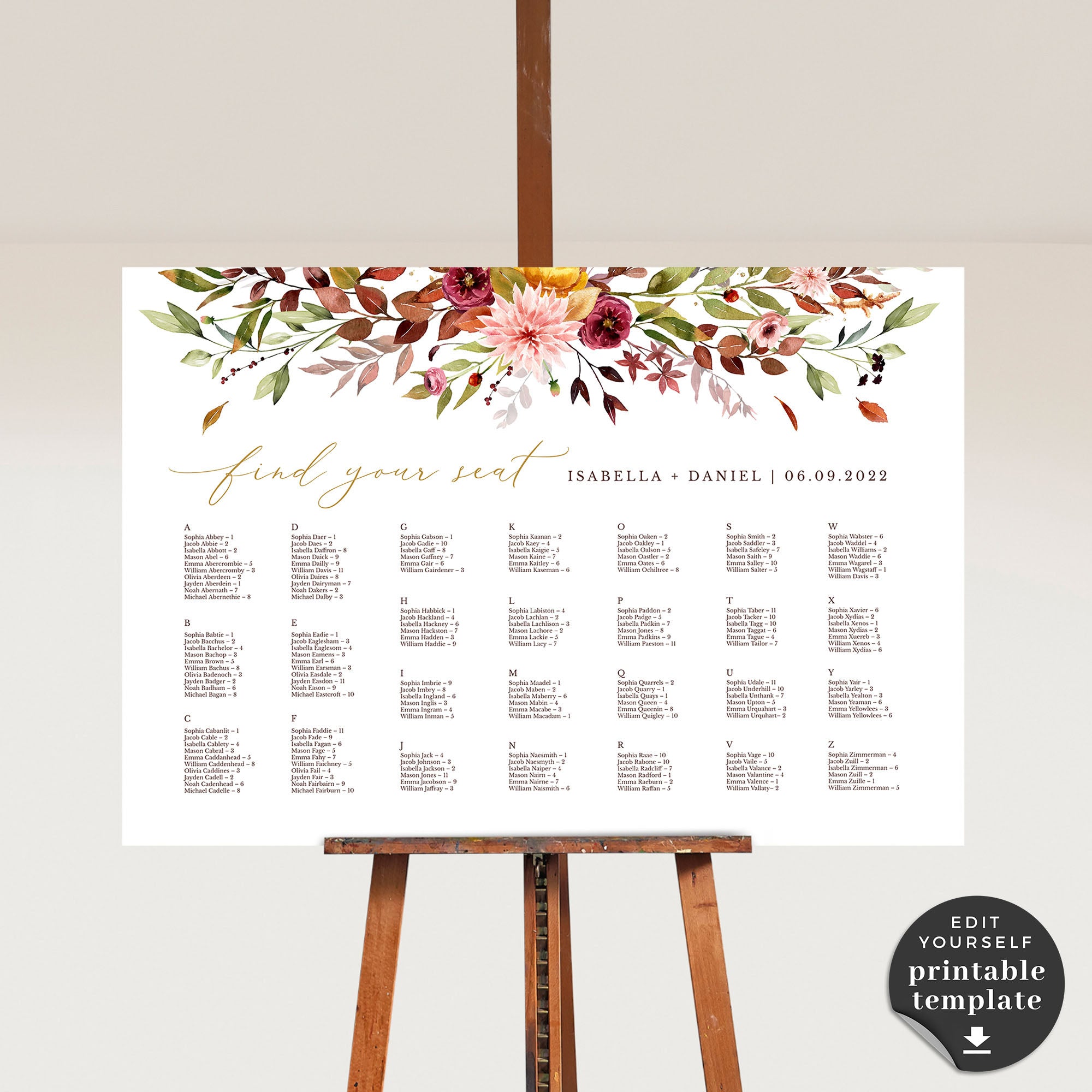 Ambra | Printable Autumn Wedding Seating Plan Template