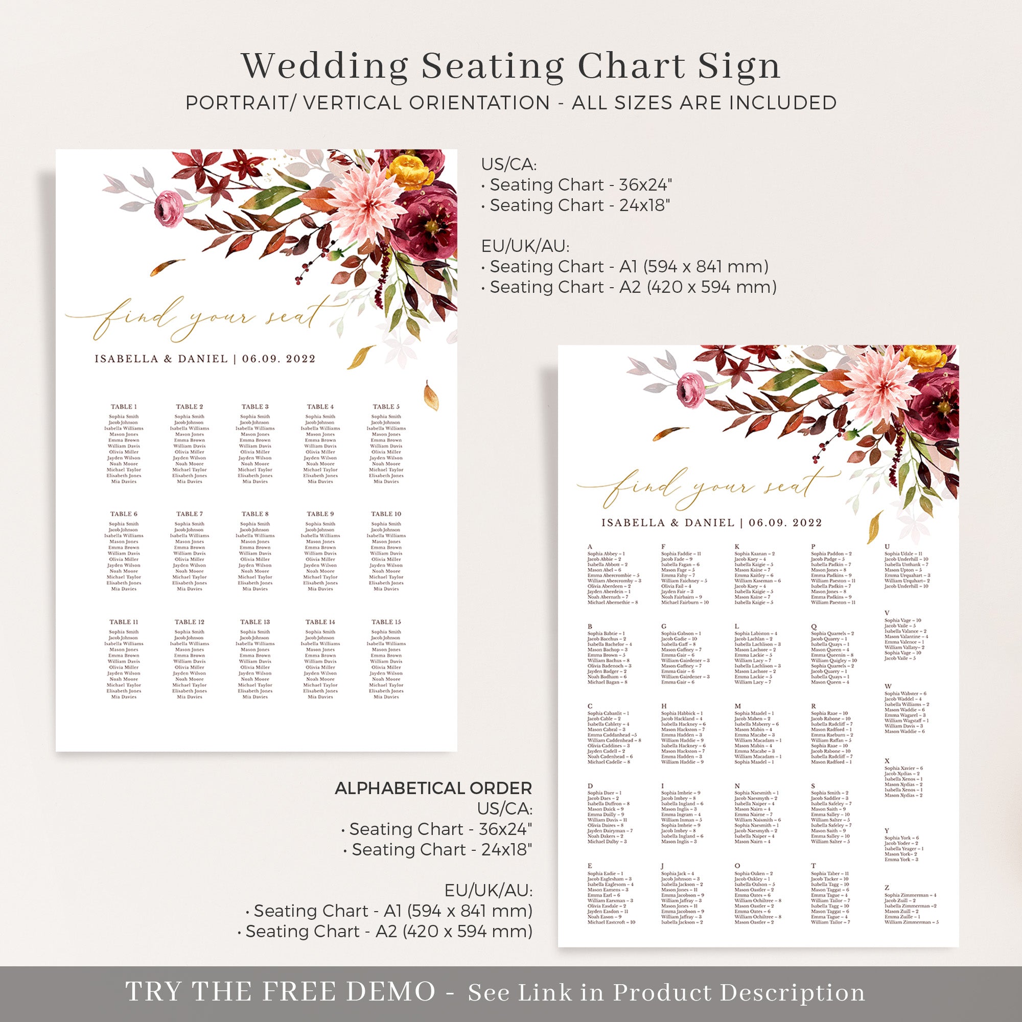 Ambra | Printable Autumn Wedding Seating Plan Template