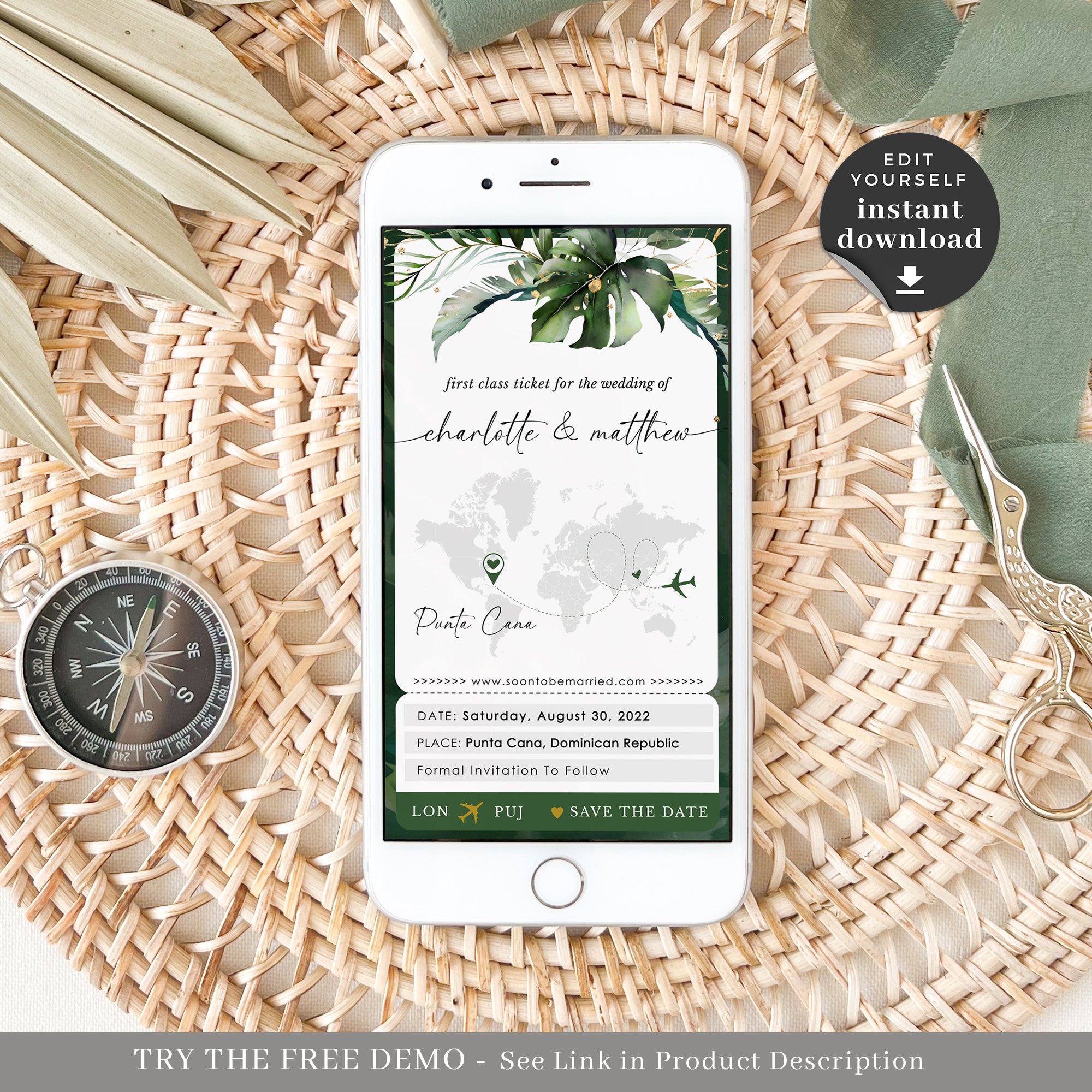 PALMA Tropical Wedding Boarding Pass Save the Date Digital
