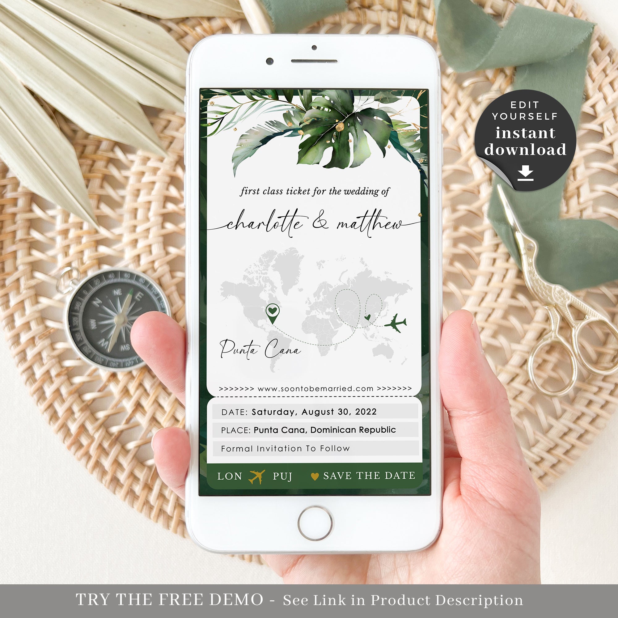 PALMA Tropical Wedding Boarding Pass Save the Date Digital