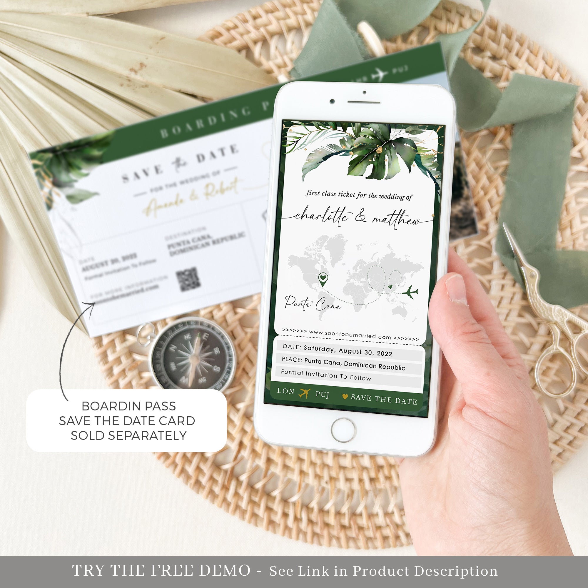 PALMA Tropical Wedding Boarding Pass Save the Date Digital