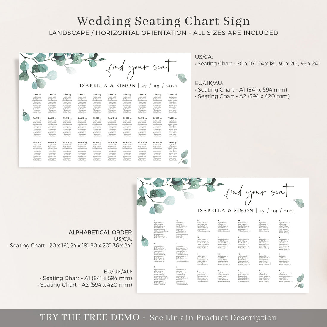 Luisa | Eucalyptus Wedding Seating Plan Template