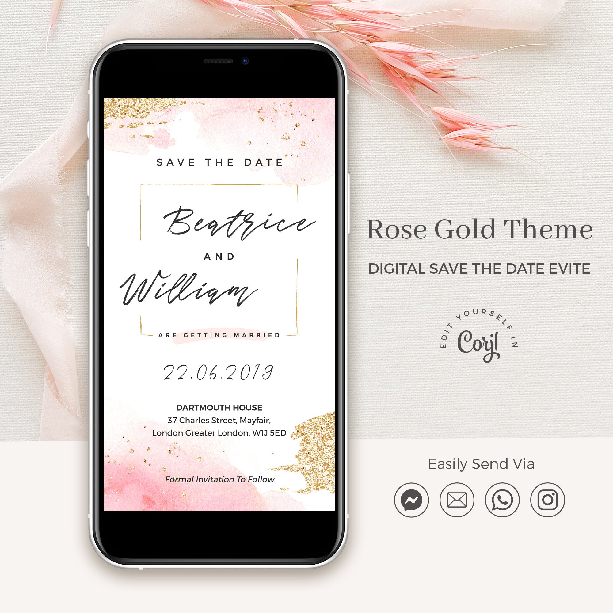Rose Gold Watercolour Electronic Save the Date