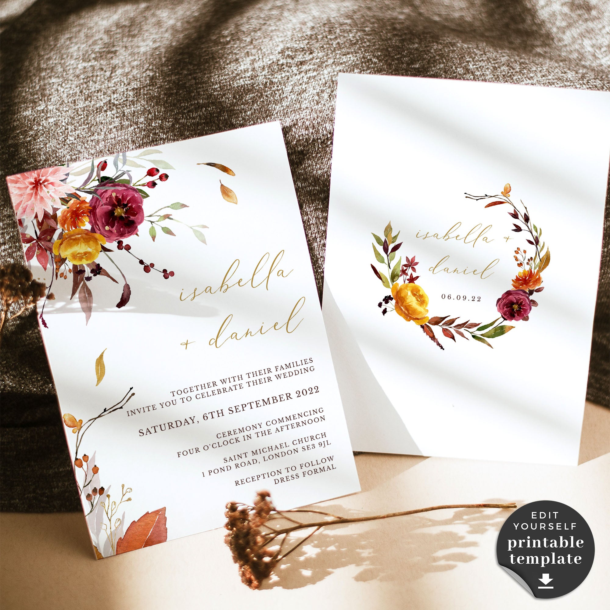 Ambra | Fall Wedding Invitation Template with RSVP