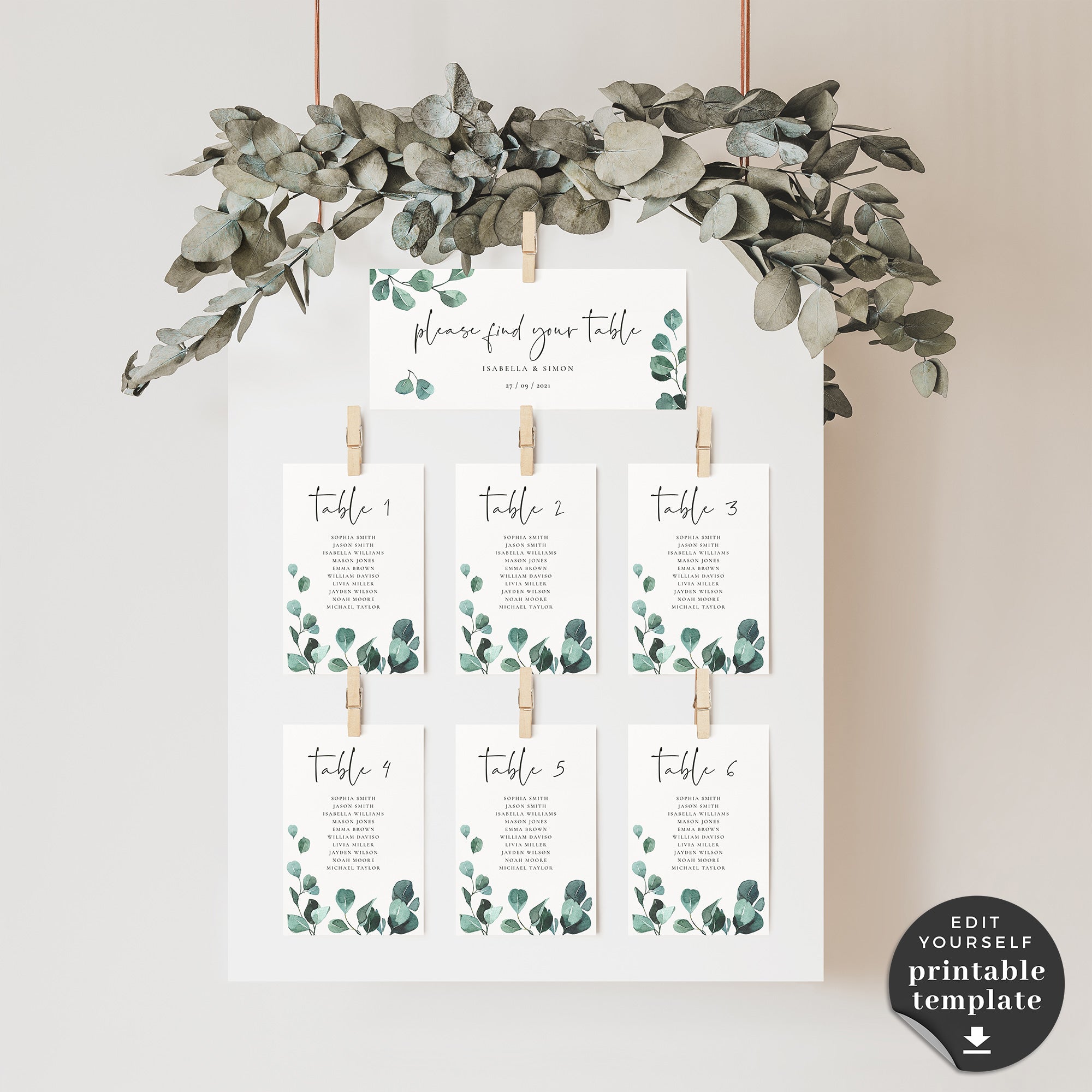 Luisa | Eucalyptus Wedding Seating Cards Template