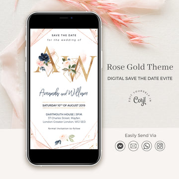 Rose Gold Electronic Save the Date with Monogram
