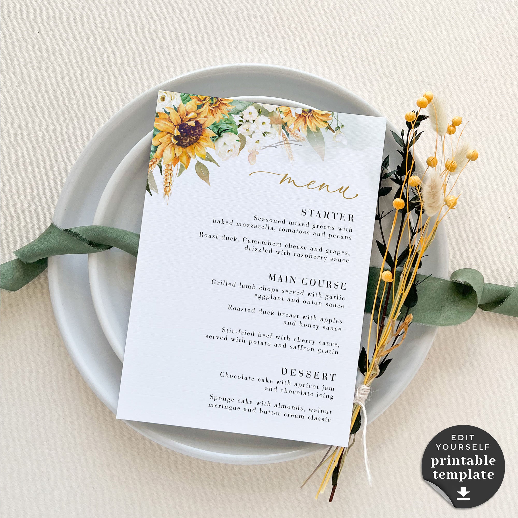 Marisol | Sunflowers Wedding Menu Template