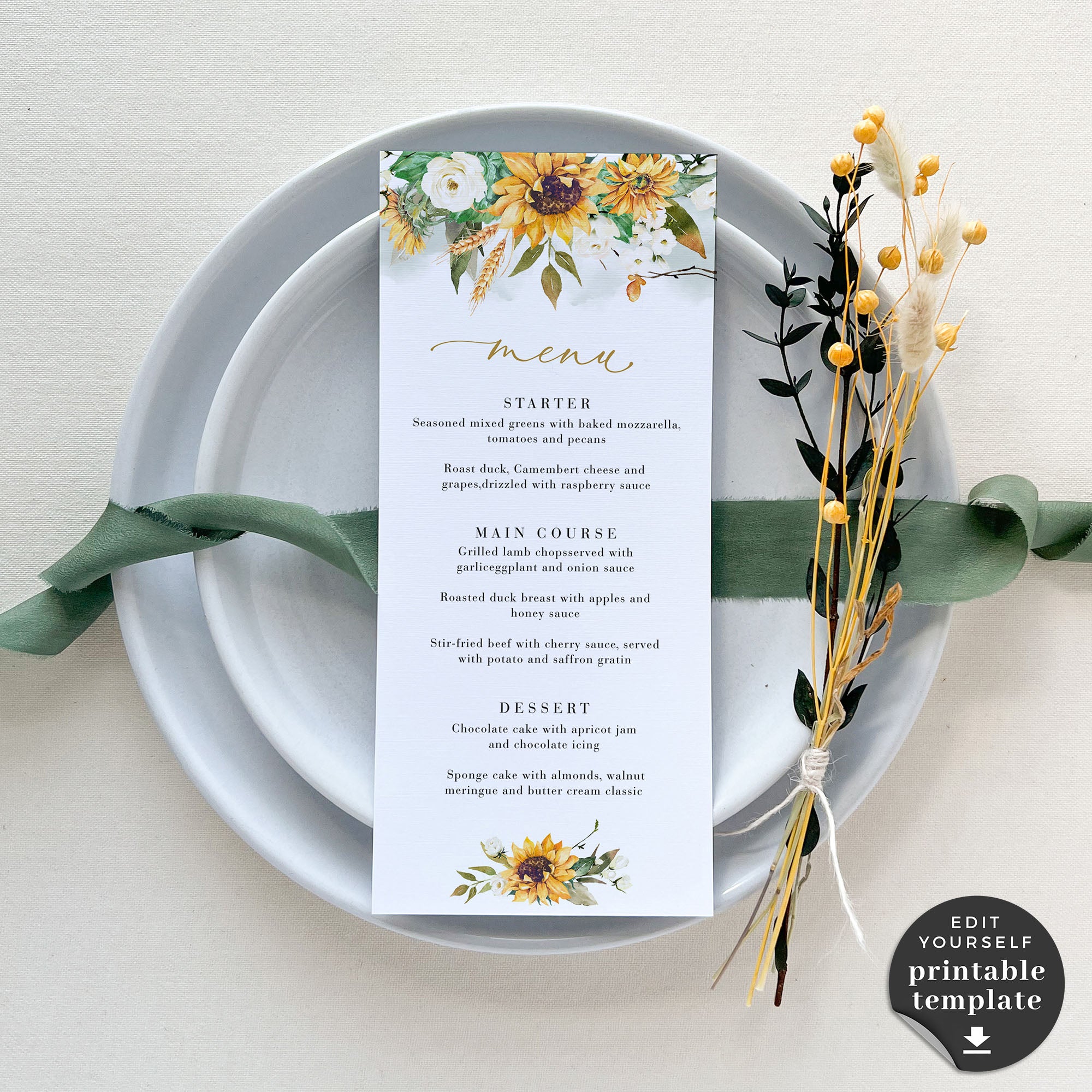 Marisol | Sunflowers Wedding Menu Template
