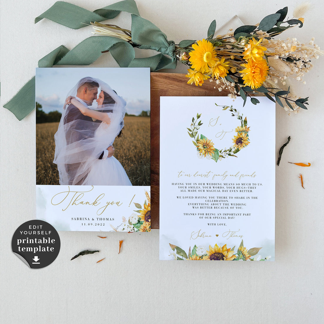 Marisol | Printable Sunflowers Wedding Thank You Cards With Photo