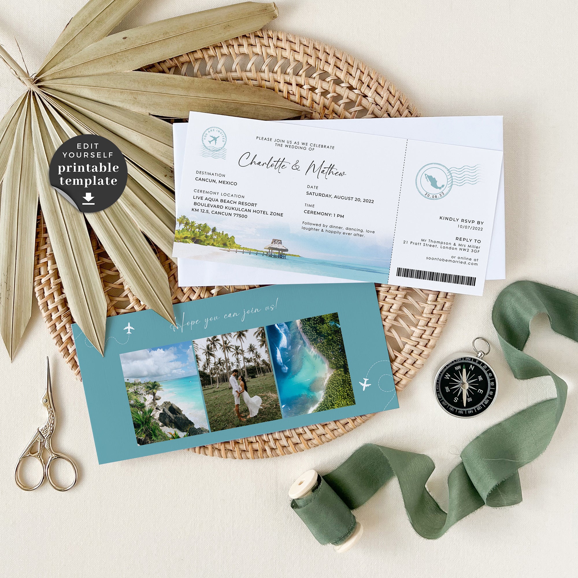 Mira | Boarding Pass Tropical Wedding Invitation Template