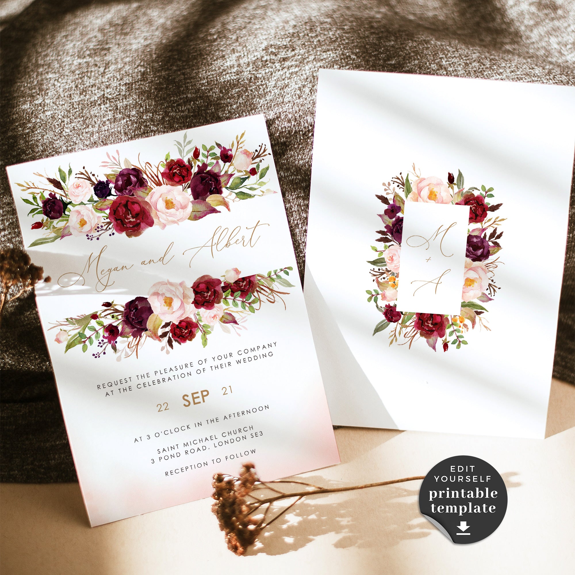 Rosita | Blush &amp; Burgundy Wedding Invitation Template