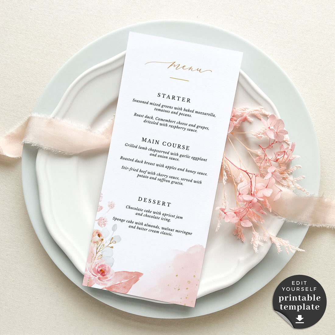 Fiorella Printable Wedding Menu Card