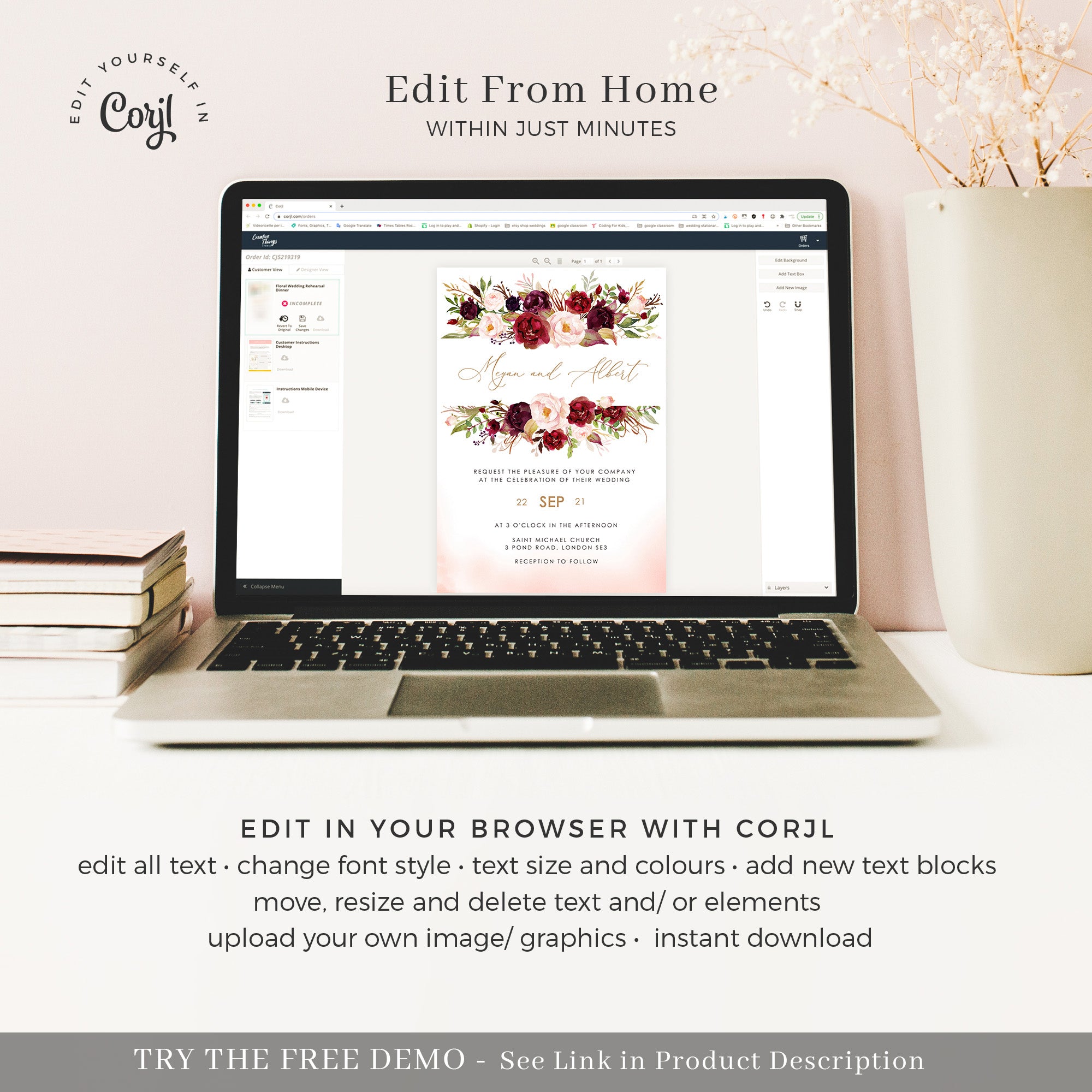 Rosita | Blush &amp; Burgundy Wedding Invitation Template