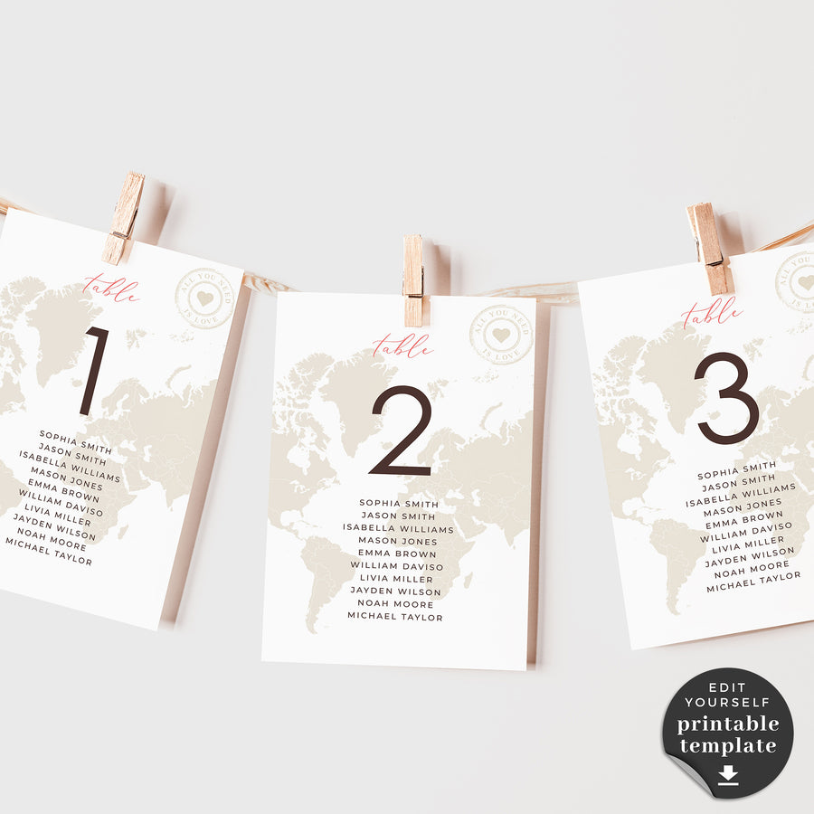 Sofia| World Map Wedding Seating Cards Template
