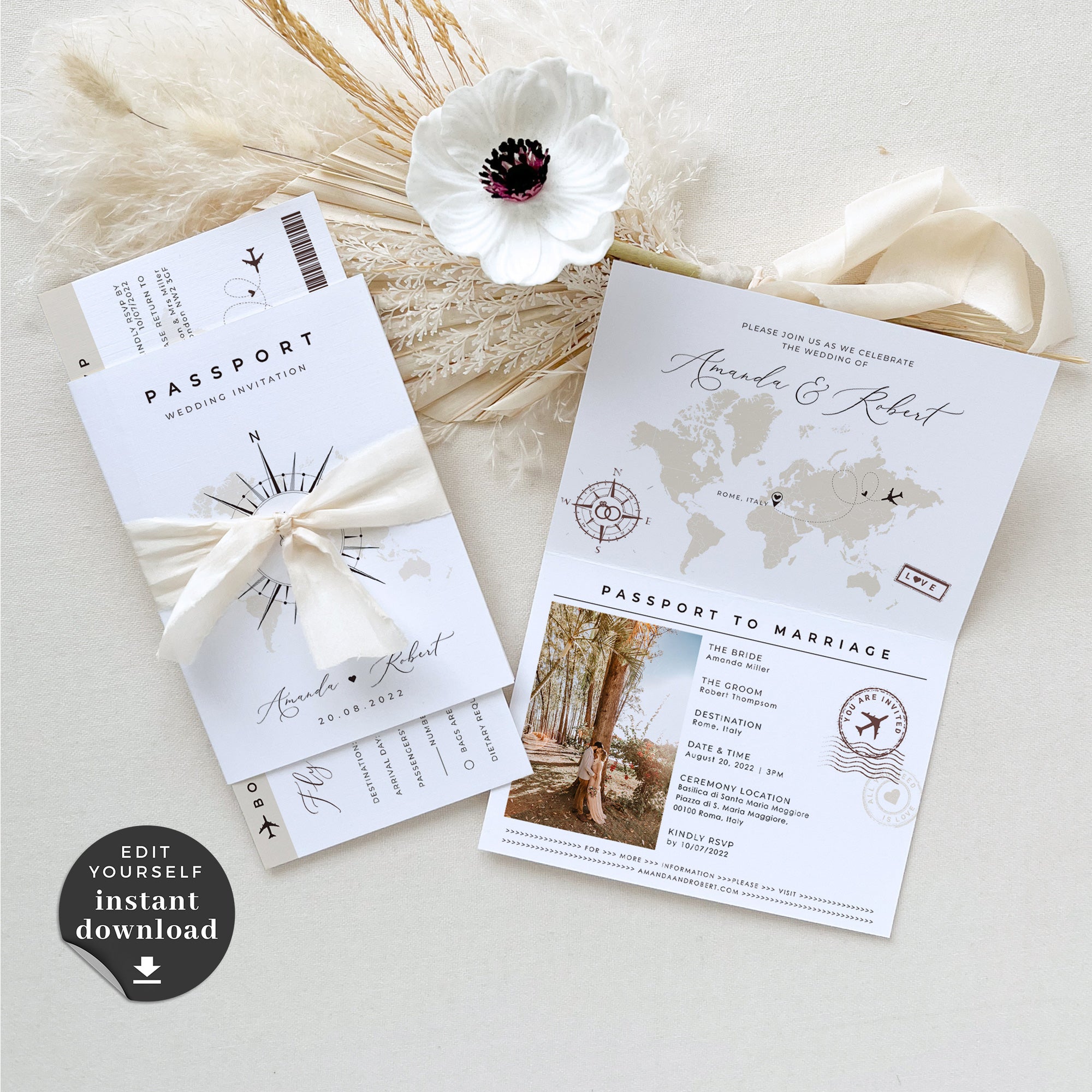 Sofia | Printable Passport Wedding Invitation with Boarding Pass Rsvp