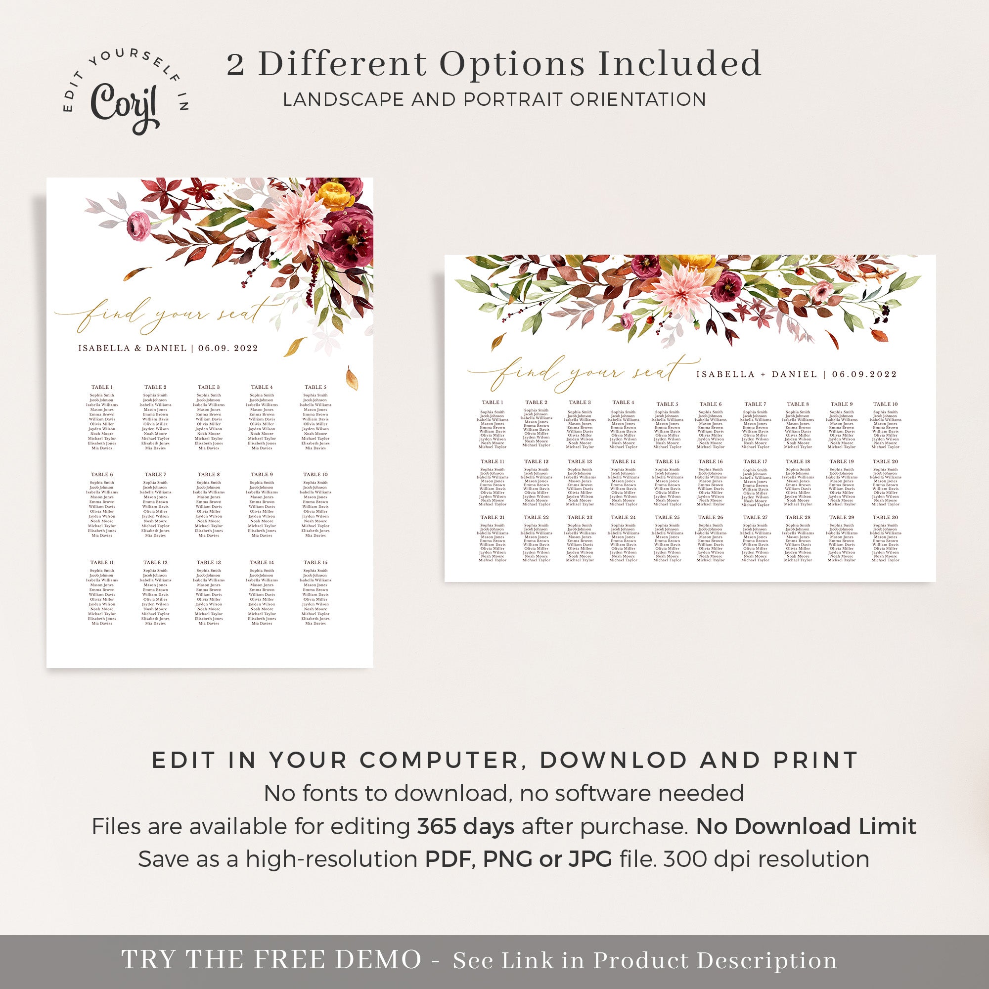 Ambra | Printable Autumn Wedding Seating Plan Template