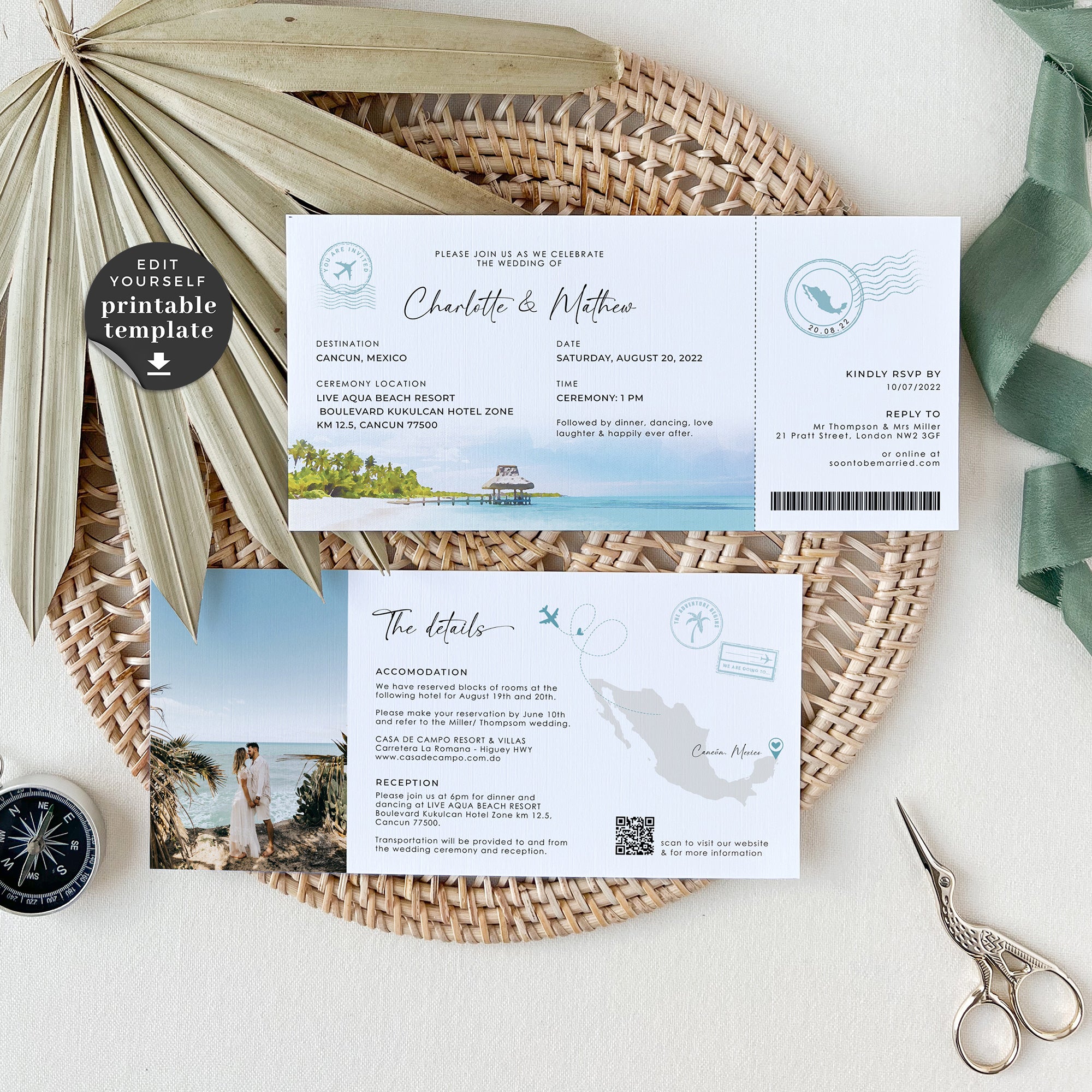 Mira | Boarding Pass Tropical Wedding Invitation Template