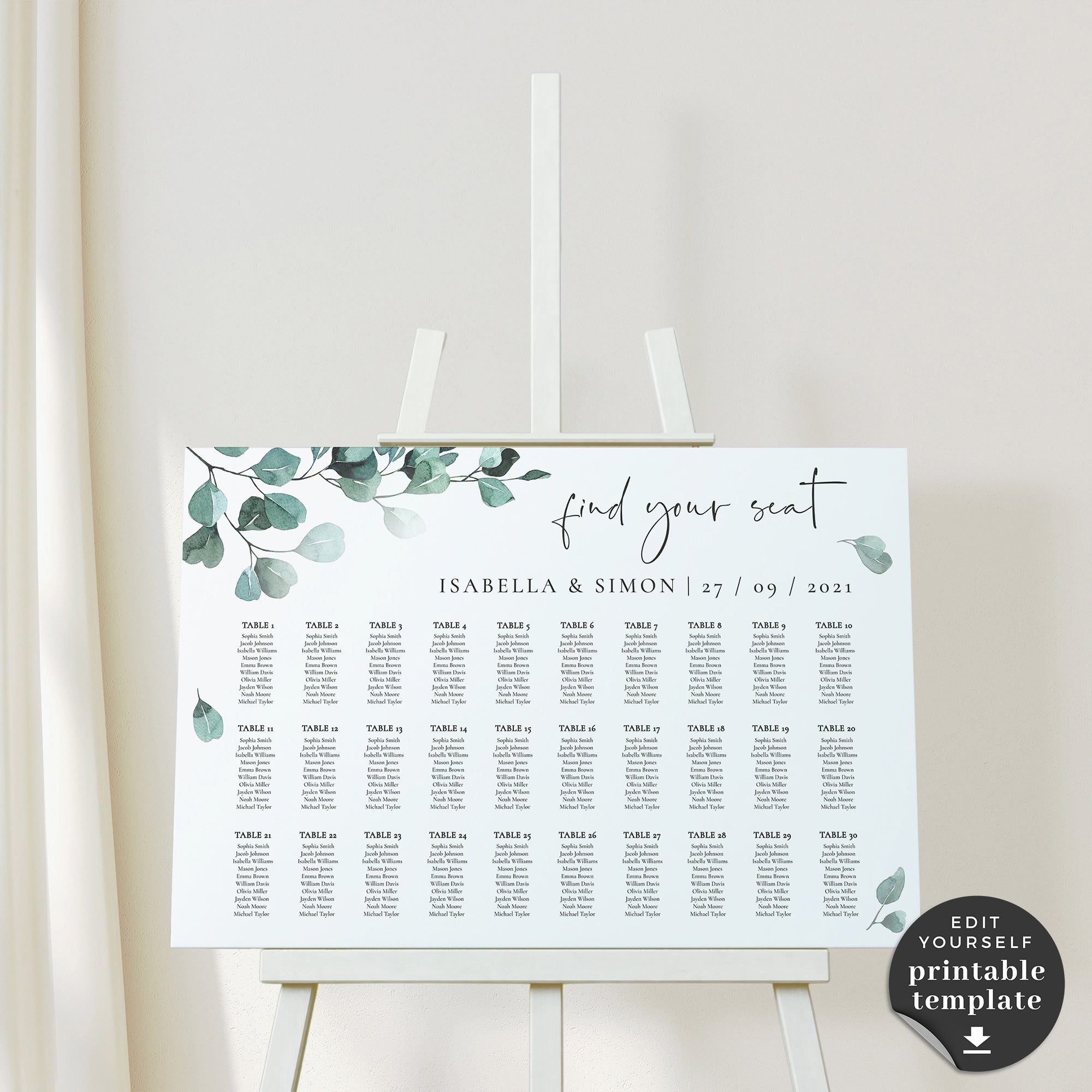 Luisa | Eucalyptus Wedding Seating Plan Template