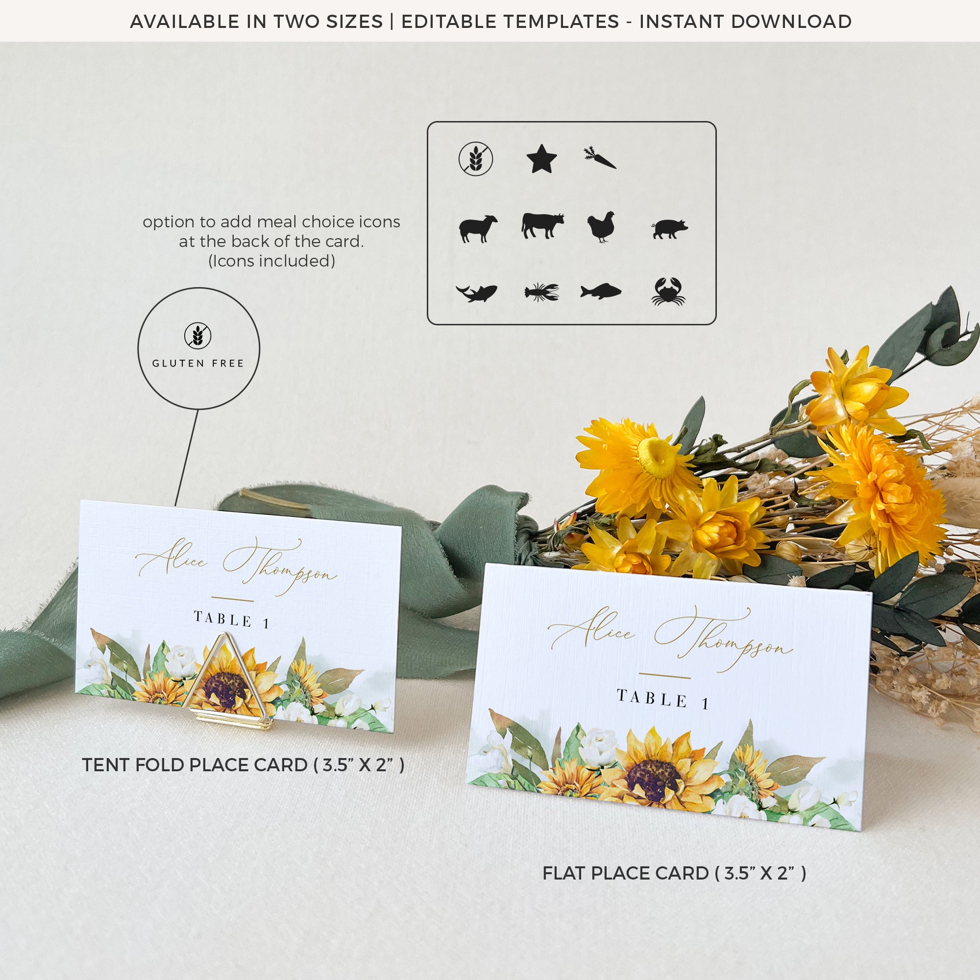 Marisol | Sunflowers Wedding Place Cards Template
